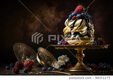 Cake with berries and chocolate sauce on top of wooden table. Generative AI Cake with berries and chocolate sauce on top of wooden table. Generative AI 99351275