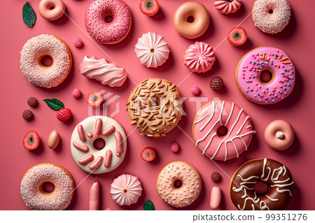 Many different types of donuts are arranged on pink background. Generative AI Many different types of donuts are arranged on pink background. Generative AI 99351276