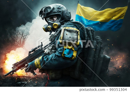Soldier with gas mask and an ukrainian flag. Generative AI Soldier with gas mask and an ukrainian flag. Generative AI 99351304