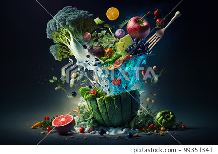 An image of fruits and vegetables being splashed into the air. Generative AI 99351341