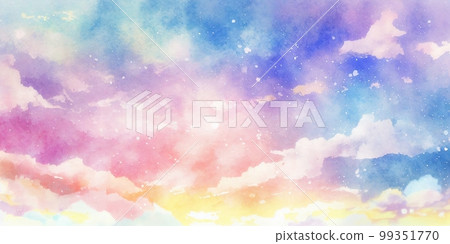 Colorful sunset and night sky watercolor painting, clouds, starry sky, moon, sunset 99351770