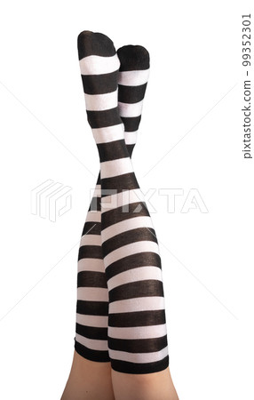 Women legs, feet raised up in striped black and white stockings, long socks isolated on white background Women legs, feet raised up in striped black and white stockings, long socks isolated on white background 99352301