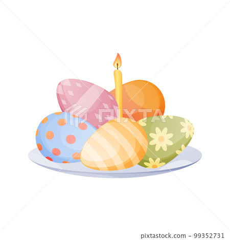 Painted Easter eggs on a plate. Isolated vector icon or clipart. 99352731