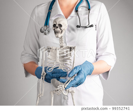 Doctor holding skeleton arm. Woman in lab coat with stethoscope explaining to patient medical diagnosis or teaching skeletal system anatomy to students 99352741