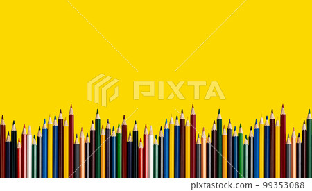 Colored pencils horizontal border on yellow background, ads banner. Multi coloured supplies, drawing tools, row 99353088