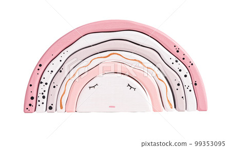 Children sleep concept. Pastel rainbow stacking toy from arcs with eyes isolated on white background. Wooden eco-friendly child toy. Beautiful tender gift for kids. Children sleep concept. Pastel rainbow stacking toy from arcs with eyes isolated on white background. Wooden eco-friendly child toy. Beautiful tender gift for kids. 99353095