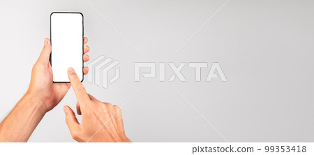 Banner with forefinger clicking ok at phone mockup. Woman holding template with blank display in vertical position. Empty space for adding content. Copy space Banner with forefinger clicking ok at phone mockup. Woman holding template with blank display in vertical position. Empty space for adding content. Copy space 99353418