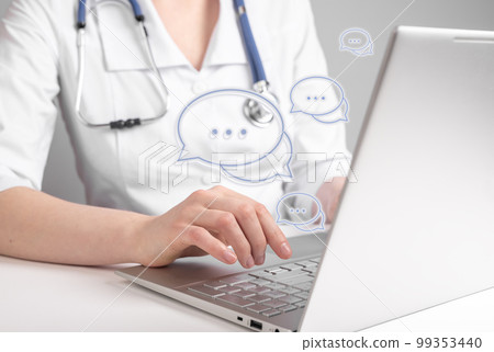 Online medical consultation. Doctor using laptop for chatting with patients remotely and giving answers about general health concerns. Woman with stethoscope sitting at table with computer 99353440