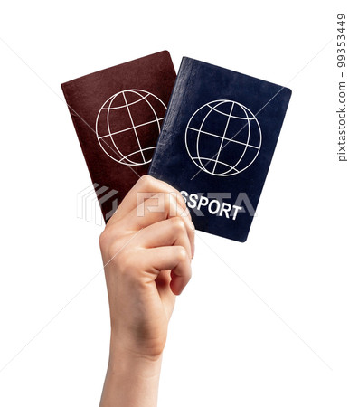 Immigration. Woman hand holding two passports isolated on white background. Multiple, dual nationality, change of citizenship, residency status. 99353449