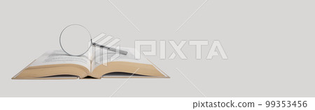 Banner with open book and magnifier. Education and science concept. Careful reading, paying attention to details. Space for text 99353456