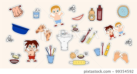 Set Bathroom tools children wash stickers. Vector hygien baby educational. Hand drawn illustration. Set Bathroom tools children wash stickers. Vector hygien baby educational. Hand drawn illustration. 99354592