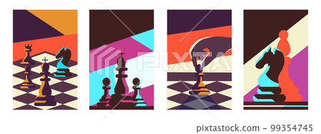 Chess club posters. Strategy game. Play battle. Business tournament. Bishop and rook. Chessboard figures. Pawn in hand. King and queen silhouettes on flyers. Vector vertical banners set 99354745