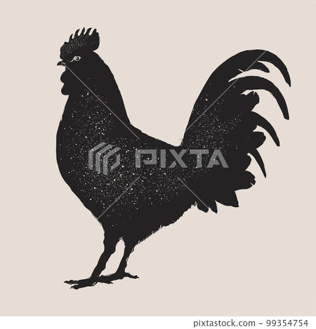 Vintage rooster stamp, retro chicken. Typography logotype or print of meat, hen silhouette, black emblem or badge, animal icon. Hand drawn monochrome cockerel. Vector brand illustration 99354754