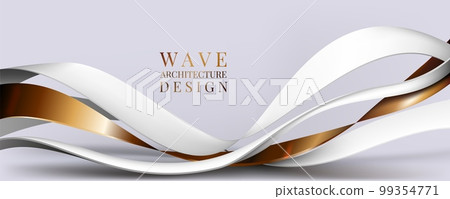 3D smooth texture. Soft white and gold ribbons. Wave architecture design. Undulating relief. Futuristic landscape or surface. Elegant stripes. Luxury poster. Vector abstract background 99354771