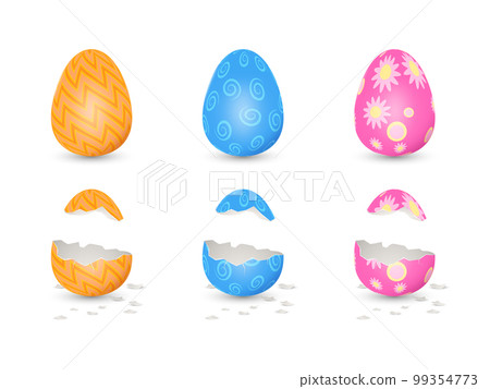 3d bunny rabbit easter egg. Happy yellow april render patterned elements, animal nature food, gold spring holidays cards or banner template. Whole and cracked vector realistic isolated objects 99354773