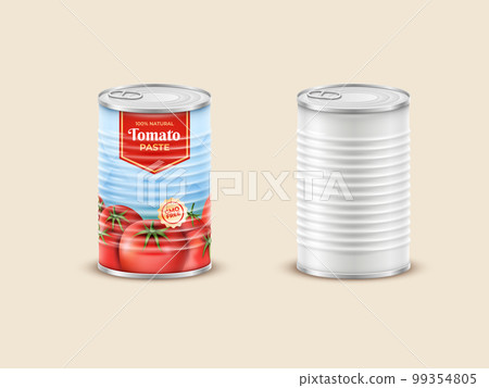 Tomato paste packaging. Sauce can for 3D picnic label. Tin mockup. Red vegetable food. Shop merchandise. Ketchup package template. Grocery product container. Vector canned ingredient 99354805
