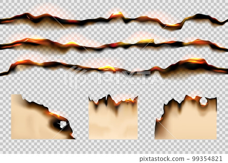Burning paper. Charred pieces. Dirty and grunge broken parchment. Scorched black edges. Sheets in flame. Smoldering damage ash. Rough torn borders with fire. Vector transparent background 99354821