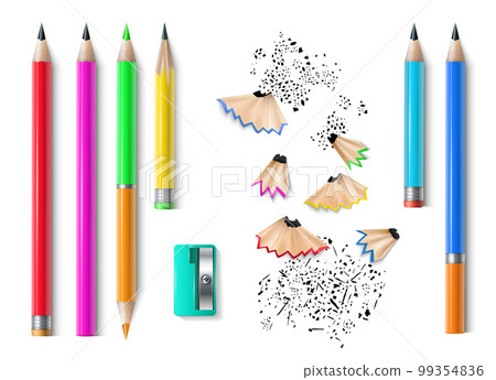Realistic school stationery. Colorful pencils, sharpener, eraser and shaves. 3d creative tools, rubber and wood, education isolated on white background elements. Vector illustration objects 99354836