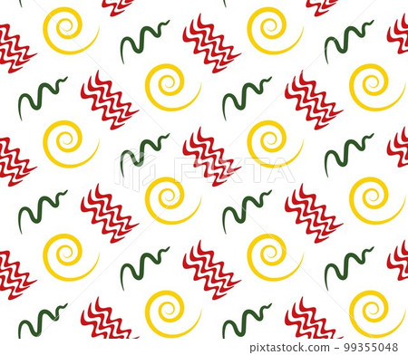 Geometric Seamless pattern of simple shape. Red, yellow and green waves, curls, twist on a white background. Vector illustration 99355048