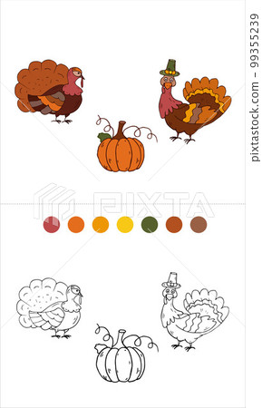Turkeys, pumpkin Coloring Page Thanksgiving day. Isolated Vector Illustration Turkeys, pumpkin Coloring Page Thanksgiving day. Isolated Vector Illustration 99355239