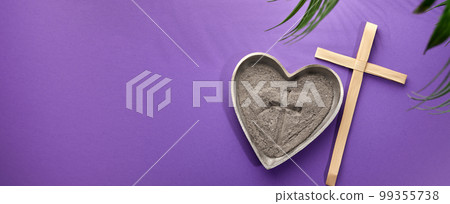Ash Wednesday, Lent Season and Holy Week concept. Christian crosses and ashes on purple background. 99355738