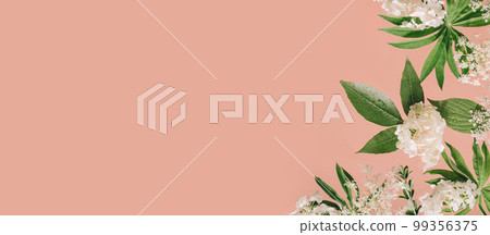 Assorted floral and jungle tree green leaves and white flowers frame border on peach pink. Natural sustainable environment friendly cosmetics mockup concept flat lay with copy space 99356375