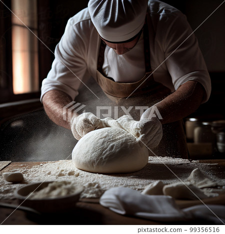 A man kneads the dough for baking, close-up, making bread, rolls the work of a baker A man kneads the dough for baking, close-up, making bread, rolls the work of a baker 99356516