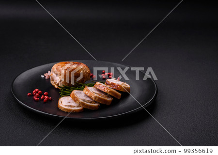 Delicious chicken or pork meat roll with mushrooms, cheese, spices and herbs Delicious chicken or pork meat roll with mushrooms, cheese, spices and herbs 99356619