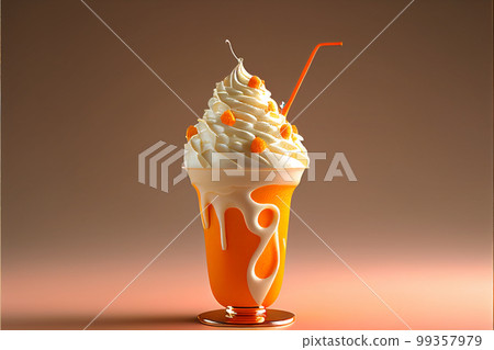 Orange milkshake with cream decorated with fruit Orange milkshake with cream decorated with fruit 99357979