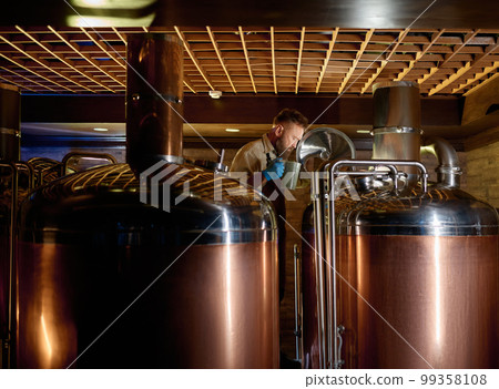 Copper boil kettle and distillery tanks in craft beer brewery 99358108
