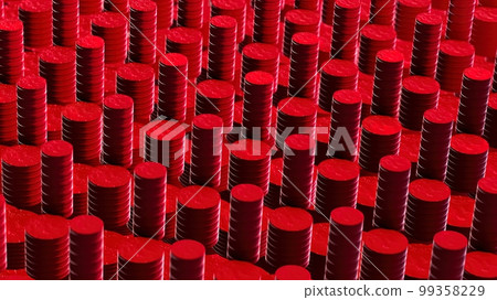 Abstract field of cylinders, layered abstract shapes, red color, creative 3d modern background. 99358229