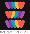 Psychedelic vector rainbow hearts black background. 1970 groovy design 99358230