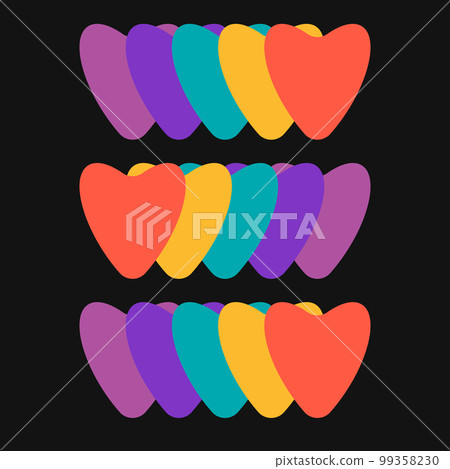 Psychedelic vector rainbow hearts black background. 1970 groovy design 99358230