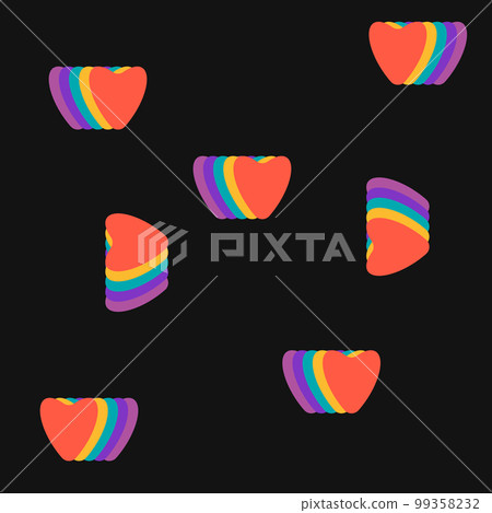 Psychedelic funky pattern rainbow coloured hearts on black background. 99358232