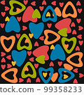 Romantic funky pattern with rainbow coloured hearts on black background 99358233