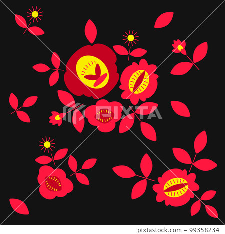 Naive traditional flowers black background. Colorful ethnic festive embroidery decoration ornament. 99358234
