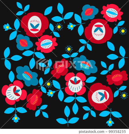 Naive traditional flowers black background. Colorful ethnic festive embroidery decoration ornament. 99358235