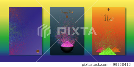 Happy Holi Indian Festival Banner, Colorful gulaal, powder color, party set luxury card with explosion patterned and crystals multicolors Background, vector illustration vibrant color template 99358413
