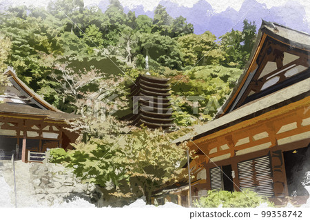 Watercolor-style Tanzan Shrine thirteen-storied pagoda, Sakurai City, Nara Prefecture Watercolor-style Tanzan Shrine thirteen-storied pagoda, Sakurai City, Nara Prefecture 99358742