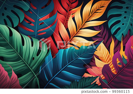 Abstract tropical palm leaf colorful background with neon colors. Generative AI Abstract tropical palm leaf colorful background with neon colors. Generative AI 99360115