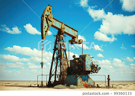 Oil pump rig. Pump Jack and barrel in desert on oilfield site. Oil and gas production. AI 99360133