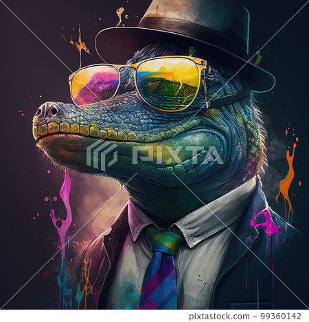 Party alligator in sunglasses, jacket, hat and tie. Pop art style in neon colors. Fashion lifestyle concept. Generative AI Party alligator in sunglasses, jacket, hat and tie. Pop art style in neon colors. Fashion lifestyle concept. Generative AI 99360142