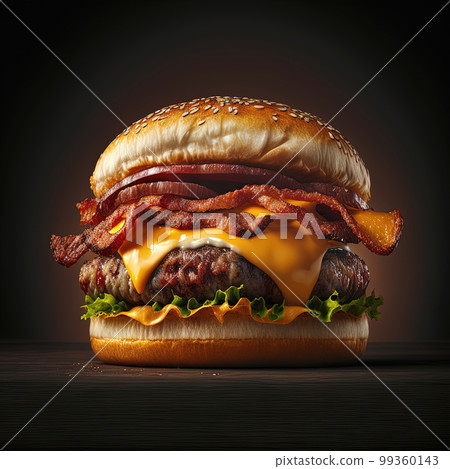 Perfect bacon cheese burger with beef, tomato, onion and fresh lettuce leaves, dark background, close up. Hamburger menu design. AI 99360143