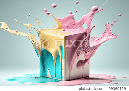 Colorful paint splash in form of cube. Abstract liquid paint texture background with copy space. Creativity concept. AI 99360159