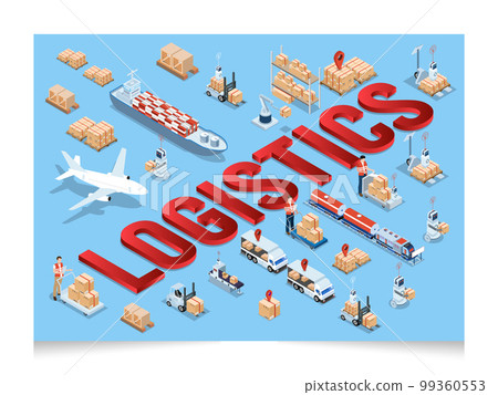 3D isometric Global logistics network concept with Transportation operation service, Supply Chain Management - SCM, Company Logistics Processes. Vector illustration EPS 10 99360553