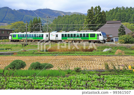 Resort View Furusato on the Oito Line at the foot of Mt. Hakuba in autumn Resort View Furusato on the Oito Line at the foot of Mt. Hakuba in autumn 99361507