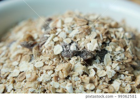 detail shot of granola Musli in a bowl, detail shot of granola Musli in a bowl, 99362581
