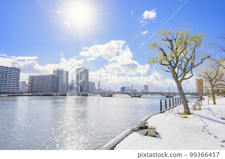 信濃川和萬代橋在陽光明媚的冬天 99366457