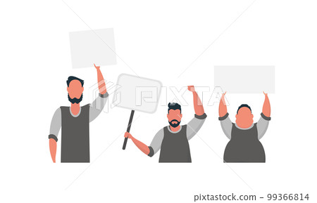 Protesting men with a banner. Isolated on white background. Flat style, vector. 99366814