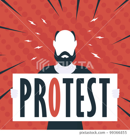 Boy with a banner in his hands and text protest Pop art Cartoon style. Vector illustration. Boy with a banner in his hands and text protest Pop art Cartoon style. Vector illustration. 99366855